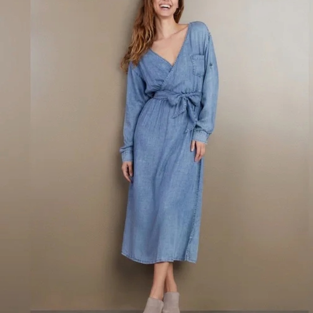 WASH LAB DENIM Women's Crossover Faux Wrap Denim Midi Dress